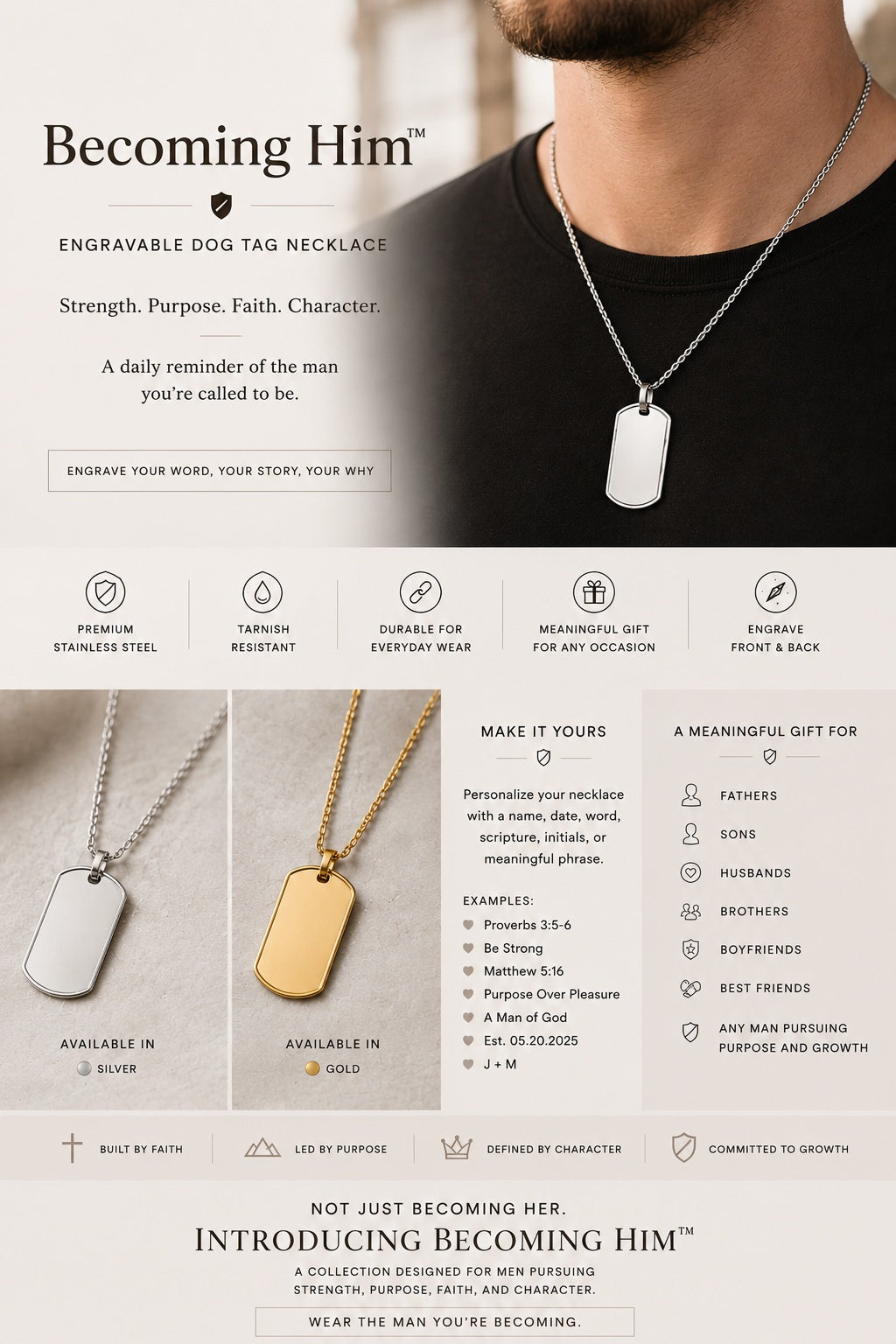 Becoming Him Engravable Dog Tag Necklace