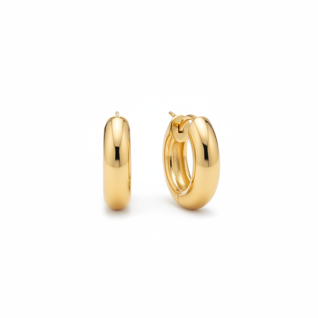 Classic chunky gold huggie hoop earrings on white background